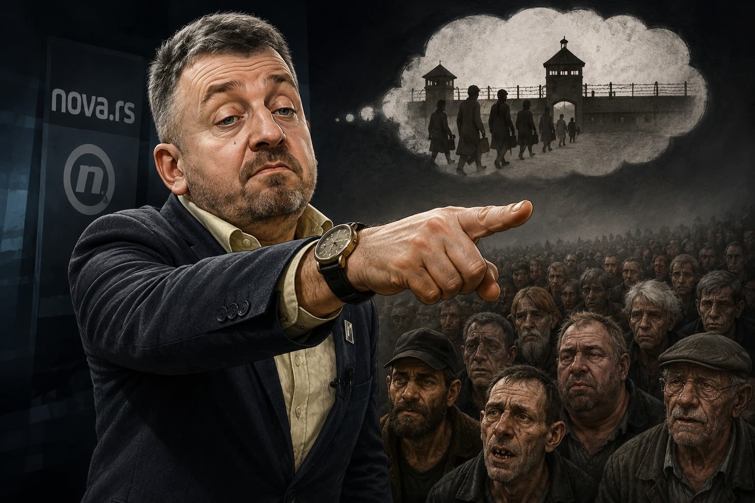 Karikirani prikaz novinara Slobe Georgieva koji upire prstom ka grupi ozbiljnih i zabrinutih ljudi, uz natpise „Nepismeni“, „Bez zuba“ i „Odvratni“, u mračnoj političko-medijskoj atmosferi.